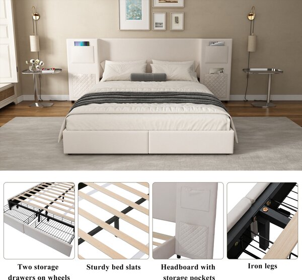 Upholstered Double Bed with Storage Drawers and Headboard Pockets, Bed Frame with Velvet and Plywood, 229L x 222.5W x 87.5H cm, Beige Aosom UK