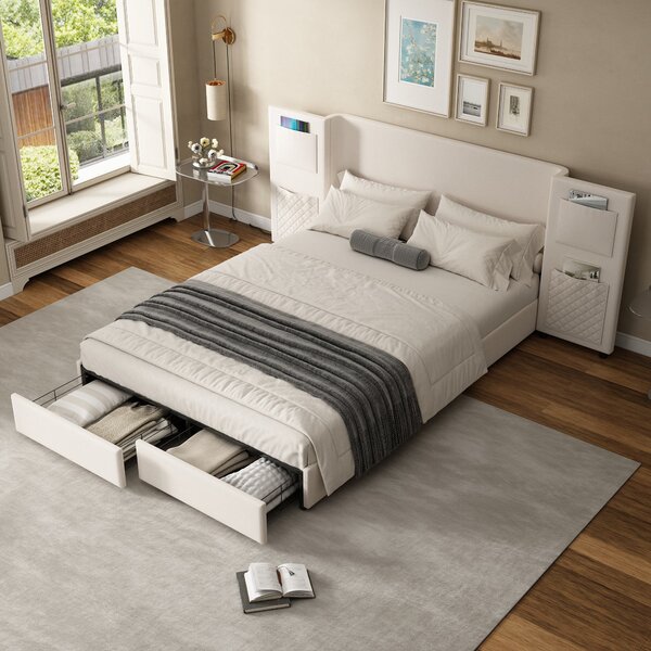 Upholstered Double Bed with Storage Drawers and Headboard Pockets, Bed Frame with Velvet and Plywood, 229L x 222.5W x 87.5H cm, Beige Aosom UK