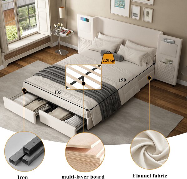 Upholstered Double Bed with Storage Drawers and Headboard Pockets, Bed Frame with Velvet and Plywood, 229L x 222.5W x 87.5H cm, Beige Aosom UK