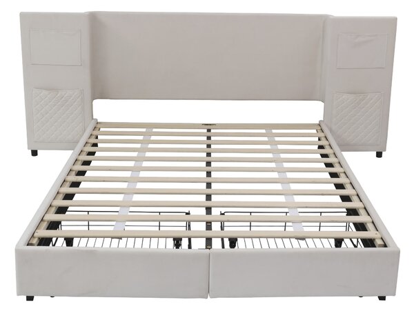 Upholstered Double Bed with Storage Drawers and Headboard Pockets, Bed Frame with Velvet and Plywood, 229L x 222.5W x 87.5H cm, Beige Aosom UK