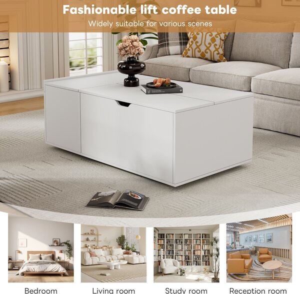 Lift Up Coffee Table with Hydraulic Mechanism, Hidden Storage, Wooden Tea Table with Sliding Door and Drawer, 117L x 65W x 43H cm, White Aosom UK
