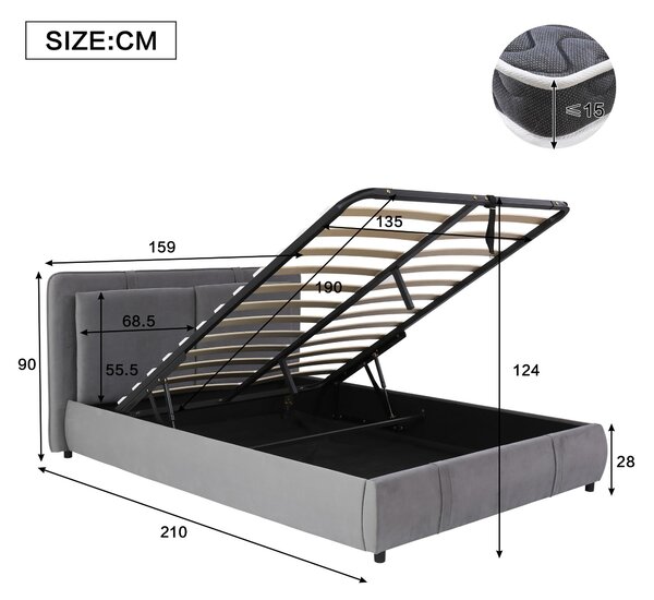 Upholstered Hydraulic Bed with Storage and Removable Headboard, Crafted Headboard with Velvet and Plywood, 210L x 159W x 90H cm, Grey Aosom UK