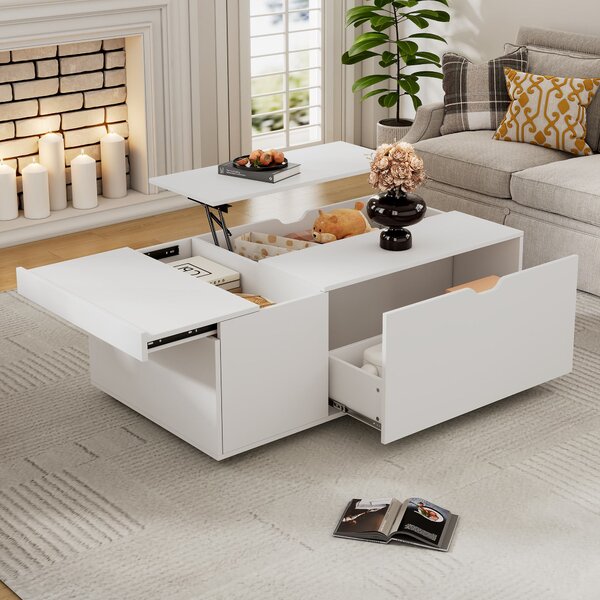 Lift Up Coffee Table with Hydraulic Mechanism, Hidden Storage, Wooden Tea Table with Sliding Door and Drawer, 117L x 65W x 43H cm, White Aosom UK
