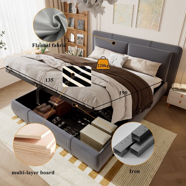Upholstered Hydraulic Bed with Storage and Removable Headboard, Crafted Headboard with Velvet and Plywood, 210L x 159W x 90H cm, Grey Aosom UK