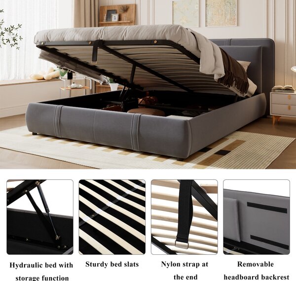 Upholstered Hydraulic Bed with Storage and Removable Headboard, Crafted Headboard with Velvet and Plywood, 210L x 159W x 90H cm, Grey Aosom UK