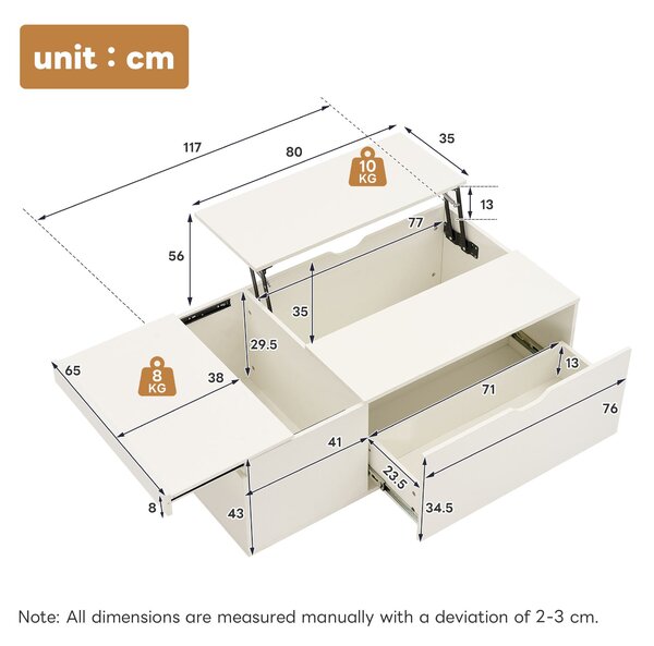 Lift Up Coffee Table with Hydraulic Mechanism, Hidden Storage, Wooden Tea Table with Sliding Door and Drawer, 117L x 65W x 43H cm, White Aosom UK