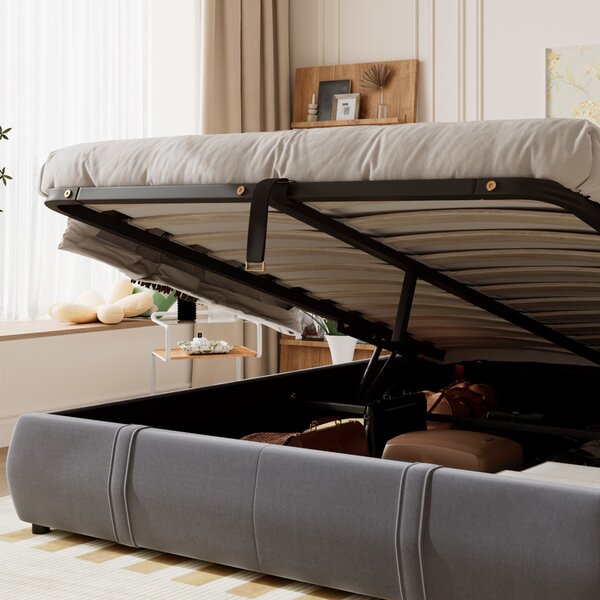 Upholstered Hydraulic Bed with Storage and Removable Headboard, Crafted Headboard with Velvet and Plywood, 210L x 159W x 90H cm, Grey Aosom UK