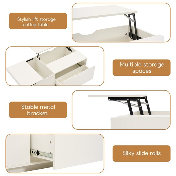 Lift Up Coffee Table with Hydraulic Mechanism, Hidden Storage, Wooden Tea Table with Sliding Door and Drawer, 117L x 65W x 43H cm, White Aosom UK