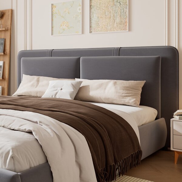 Upholstered Hydraulic Bed with Storage and Removable Headboard, Crafted Headboard with Velvet and Plywood, 210L x 159W x 90H cm, Grey Aosom UK