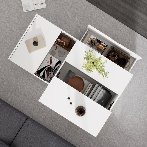 Lift Up Coffee Table with Hydraulic Mechanism, Hidden Storage, Wooden Tea Table with Sliding Door and Drawer, 117L x 65W x 43H cm, White Aosom UK
