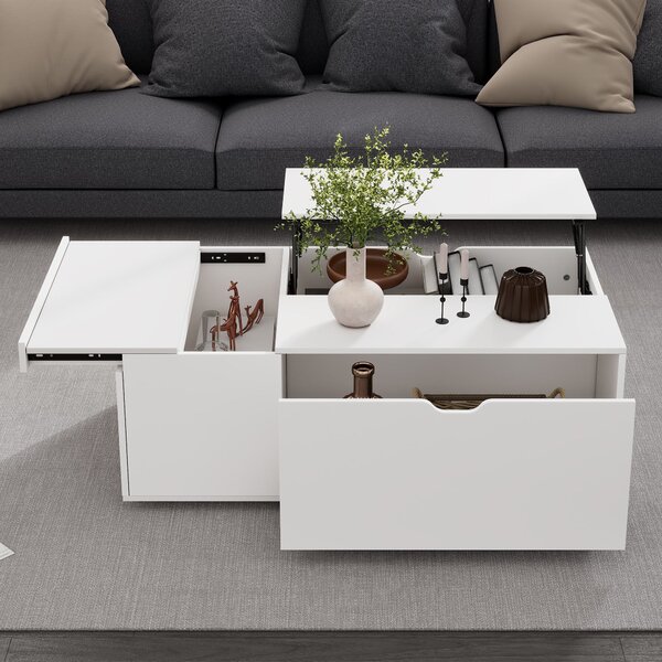 Lift Up Coffee Table with Hydraulic Mechanism, Hidden Storage, Wooden Tea Table with Sliding Door and Drawer, 117L x 65W x 43H cm, White Aosom UK