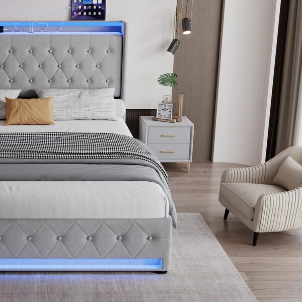 4ft6 Upholstered Double Bed with 4 Storage Drawers, Velvet Headboard, LED Light Strips, Suitable for Bedroom, 206L x 143W x 115H cm, Grey Aosom.UK