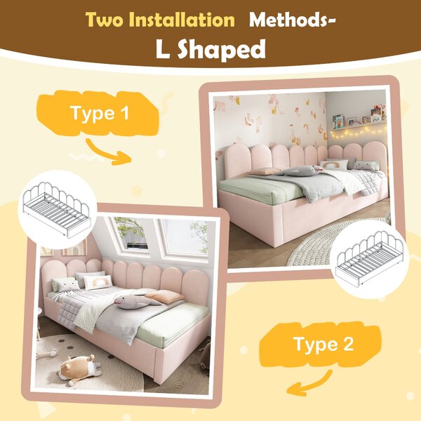 3ft Upholstered Daybed with Pull-Out Bed, Velvet Fabric, Easy Installation, Single Sofa Bed with Slatted Frame, 193L x 97W x 76H cm, Pink Aosom UK
