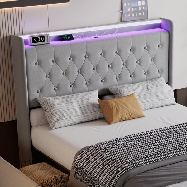 4ft6 Upholstered Double Bed with 4 Storage Drawers, Velvet Headboard, LED Light Strips, Suitable for Bedroom, 206L x 143W x 115H cm, Grey Aosom.UK