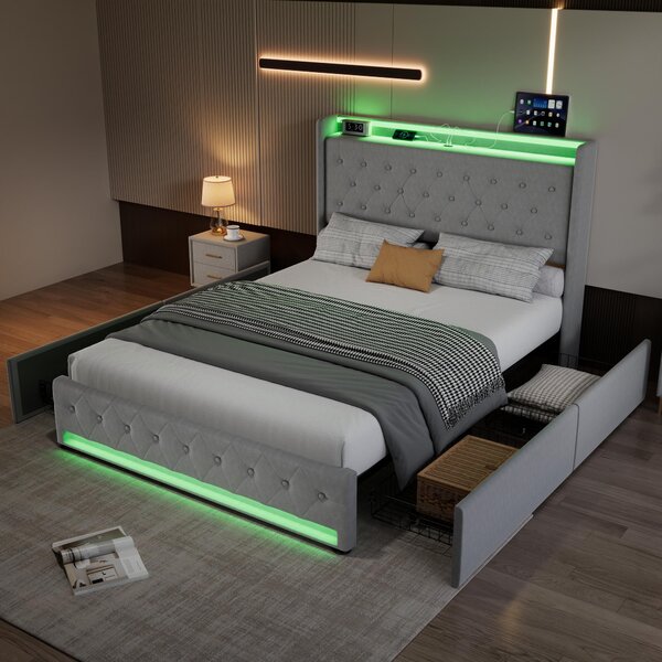 4ft6 Upholstered Double Bed with 4 Storage Drawers, Velvet Headboard, LED Light Strips, Suitable for Bedroom, 206L x 143W x 115H cm, Grey Aosom.UK