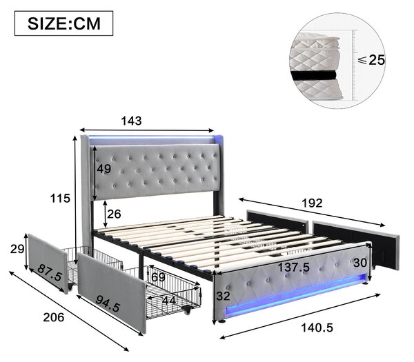 4ft6 Upholstered Double Bed with 4 Storage Drawers, Velvet Headboard, LED Light Strips, Suitable for Bedroom, 206L x 143W x 115H cm, Grey Aosom.UK