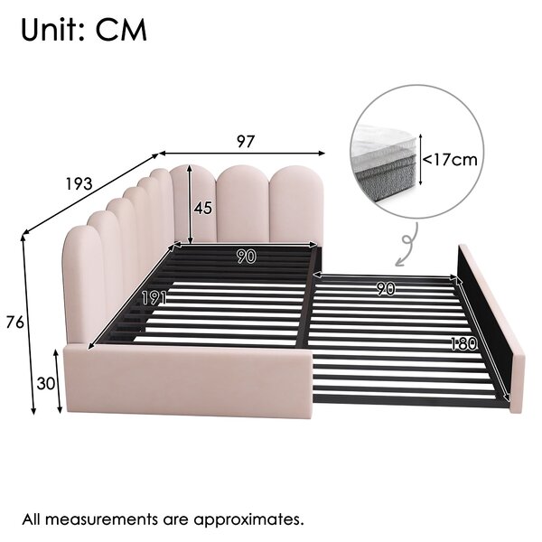 3ft Upholstered Daybed with Pull-Out Bed, Velvet Fabric, Easy Installation, Single Sofa Bed with Slatted Frame, 193L x 97W x 76H cm, Pink Aosom UK