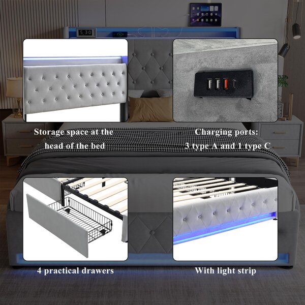 4ft6 Upholstered Double Bed with 4 Storage Drawers, Velvet Headboard, LED Light Strips, Suitable for Bedroom, 206L x 143W x 115H cm, Grey Aosom.UK