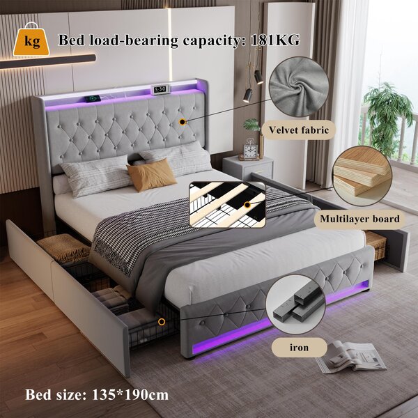 4ft6 Upholstered Double Bed with 4 Storage Drawers, Velvet Headboard, LED Light Strips, Suitable for Bedroom, 206L x 143W x 115H cm, Grey Aosom.UK