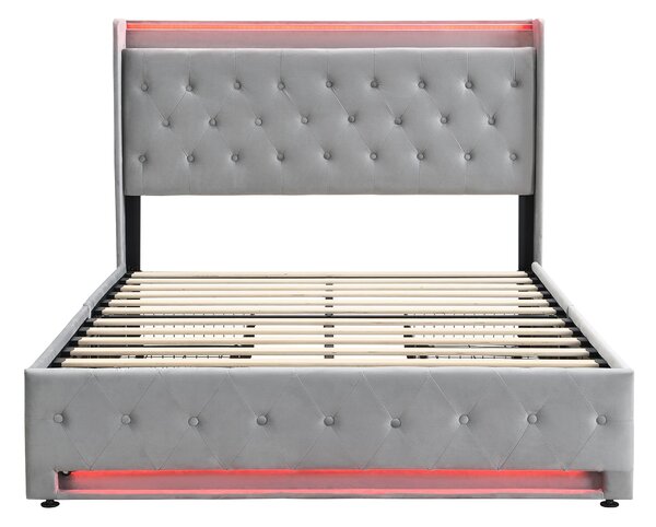 4ft6 Upholstered Double Bed with 4 Storage Drawers, Velvet Headboard, LED Light Strips, Suitable for Bedroom, 206L x 143W x 115H cm, Grey Aosom.UK