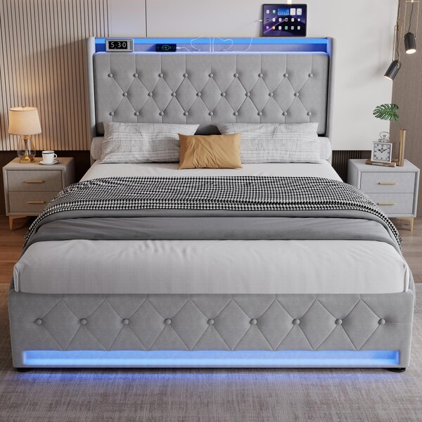 4ft6 Upholstered Double Bed with 4 Storage Drawers, Velvet Headboard, LED Light Strips, Suitable for Bedroom, 206L x 143W x 115H cm, Grey Aosom.UK