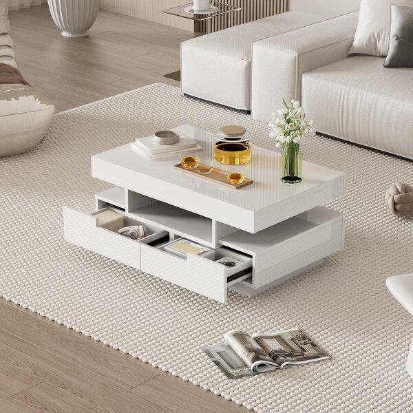 Elegant Coffee Table with High-Gloss Surface, LED Lighting and 4 Drawers, Side Table Ideal for Modern Elegance, 80L x 50W x 36H cm, White Aosom UK