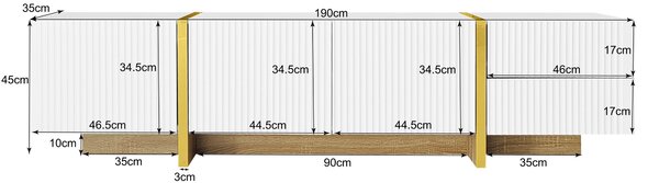 Elegant TV Cabinet with Large Storage and Soft-Close Hinges, TV Stand Ideal for Living and Media Room, 190L x 35W x 45H cm, Gold+White Aosom UK