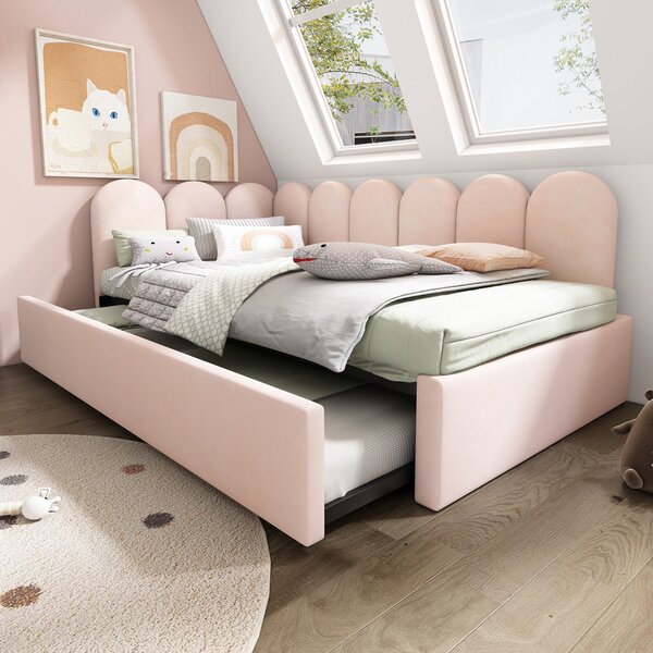 3ft Upholstered Daybed with Pull-Out Bed, Velvet Fabric, Easy Installation, Single Sofa Bed with Slatted Frame, 193L x 97W x 76H cm, Pink Aosom UK