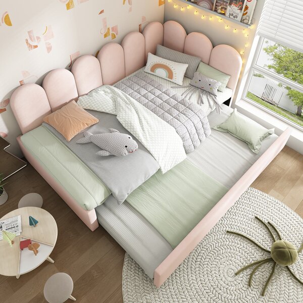 3ft Upholstered Daybed with Pull-Out Bed, Velvet Fabric, Easy Installation, Single Sofa Bed with Slatted Frame, 193L x 97W x 76H cm, Pink Aosom UK