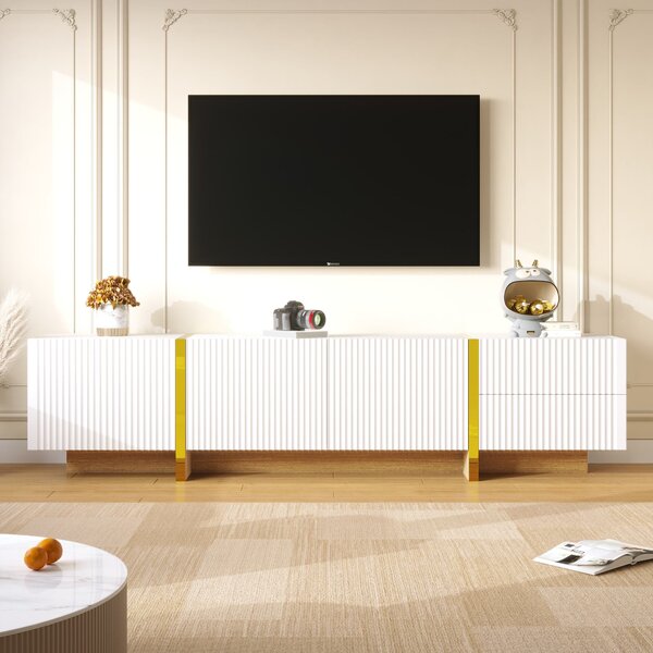 Elegant TV Cabinet with Large Storage and Soft-Close Hinges, TV Stand Ideal for Living and Media Room, 190L x 35W x 45H cm, Gold+White Aosom UK