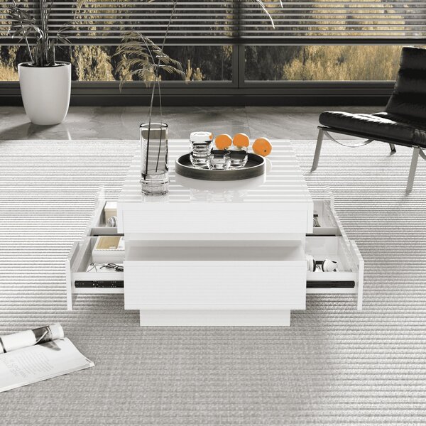 Elegant Coffee Table with High-Gloss Surface, LED Lighting and 4 Drawers, Side Table Ideal for Modern Elegance, 80L x 50W x 36H cm, White Aosom UK