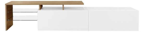 Modern TV Cabinet with Glass Shelves and LED Lighting, High-Gloss Media Cabinet for Living Room, 170L x 33W x 33.5H cm, White+Wood Aosom UK