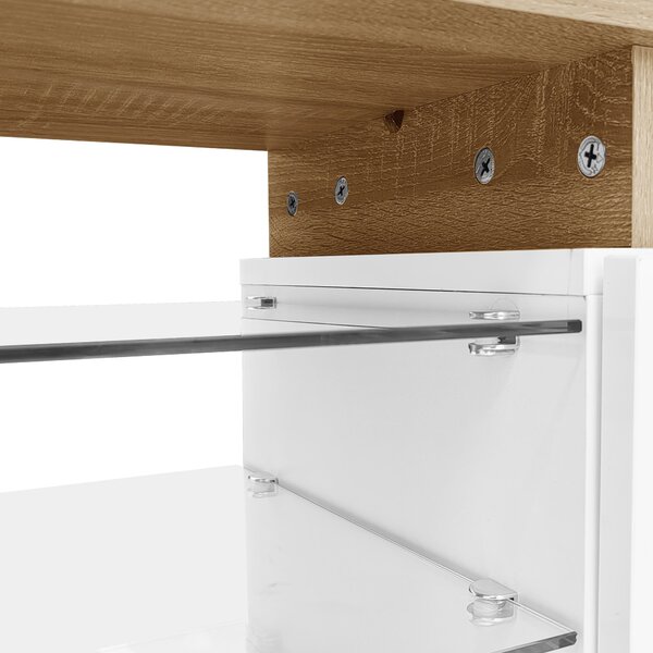 Modern TV Cabinet with Glass Shelves and LED Lighting, High-Gloss Media Cabinet for Living Room, 170L x 33W x 33.5H cm, White+Wood Aosom UK
