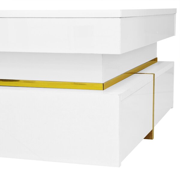 High-Gloss Coffee Table with Gold Accents and Drawers, Tea Table Perfect for Living Rooms and Apartments, 70L x 70W x 35.5H cm, White Aosom UK