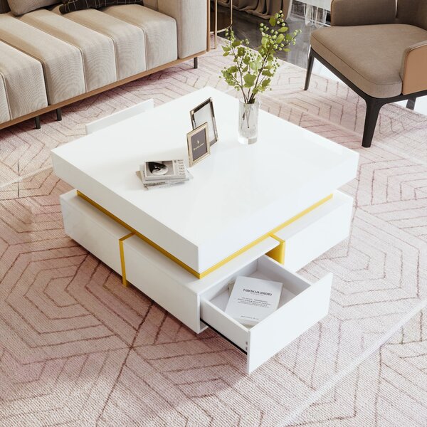 High-Gloss Coffee Table with Gold Accents and Drawers, Tea Table Perfect for Living Rooms and Apartments, 70L x 70W x 35.5H cm, White Aosom UK