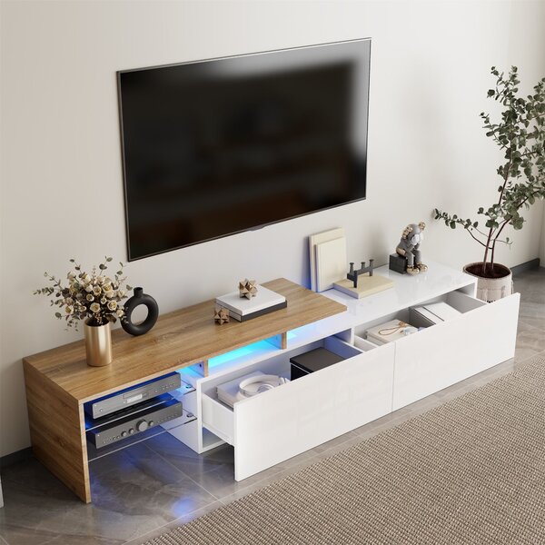 Modern TV Cabinet with Glass Shelves and LED Lighting, High-Gloss Media Cabinet for Living Room, 170L x 33W x 33.5H cm, White+Wood Aosom UK