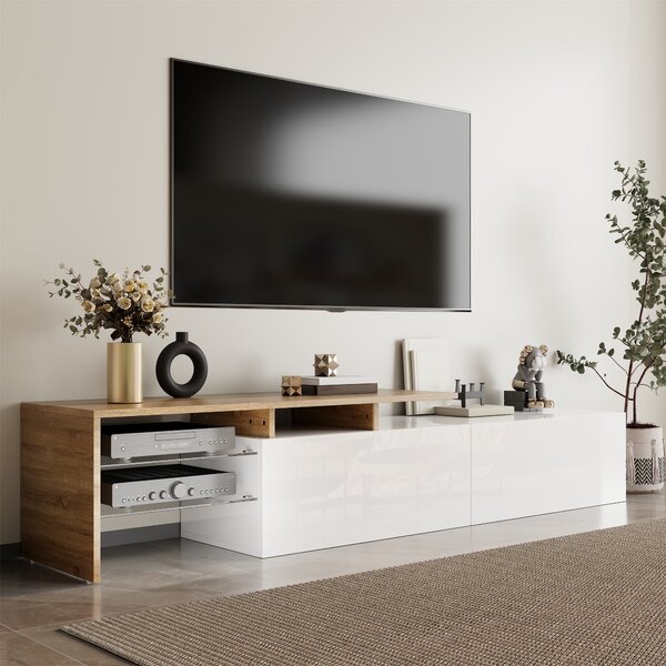 Modern TV Cabinet with Glass Shelves and LED Lighting, High-Gloss Media Cabinet for Living Room, 170L x 33W x 33.5H cm, White+Wood Aosom UK