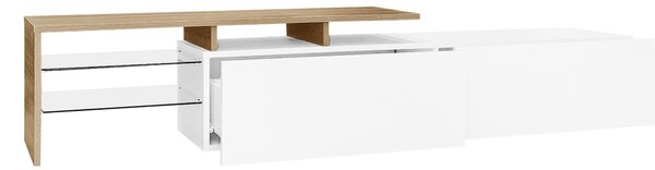 Modern TV Cabinet with Glass Shelves and LED Lighting, High-Gloss Media Cabinet for Living Room, 170L x 33W x 33.5H cm, White+Wood Aosom UK