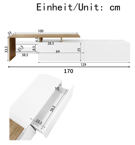 Modern TV Cabinet with Glass Shelves and LED Lighting, High-Gloss Media Cabinet for Living Room, 170L x 33W x 33.5H cm, White+Wood Aosom UK
