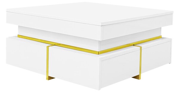 High-Gloss Coffee Table with Gold Accents and Drawers, Tea Table Perfect for Living Rooms and Apartments, 70L x 70W x 35.5H cm, White Aosom UK