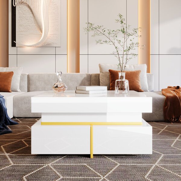 High-Gloss Coffee Table with Gold Accents and Drawers, Tea Table Perfect for Living Rooms and Apartments, 70L x 70W x 35.5H cm, White Aosom UK