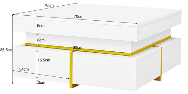 High-Gloss Coffee Table with Gold Accents and Drawers, Tea Table Perfect for Living Rooms and Apartments, 70L x 70W x 35.5H cm, White Aosom UK