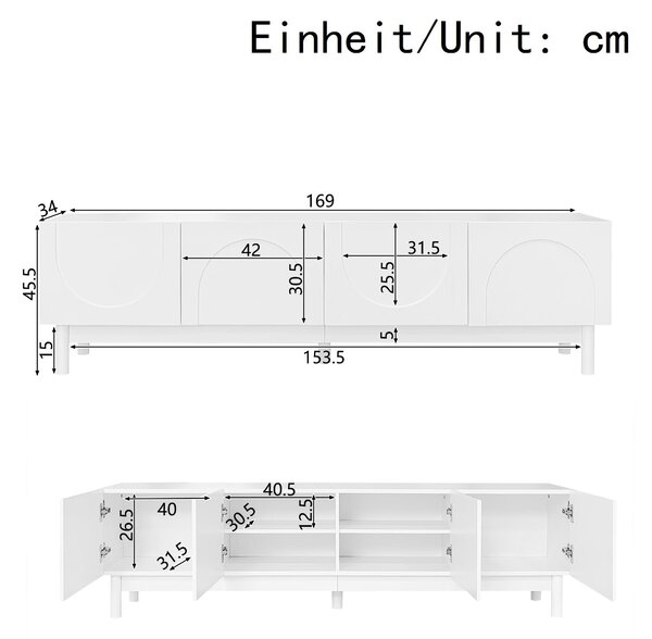 Elegant TV Cabinet with Curved Doors, Adjustable Shelves and Solid Wood Legs, TV Stand for Living Rooms, 169L x 34W x 45.5H cm, White Aosom UK