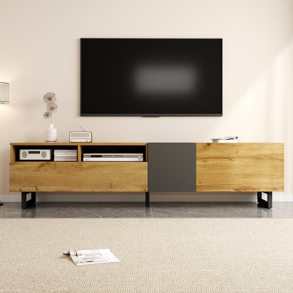 Retro TV Cabinet with Three Doors and 2 Compartments, U-Shaped Legs, TV Stand for Living Rooms, 170L x 36.5W x 42H cm, Dark Gray+Natural Aosom UK