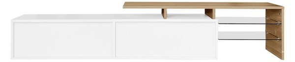Modern TV Cabinet with Glass Shelves and LED Lighting, High-Gloss Media Cabinet for Living Room, 170L x 33W x 33.5H cm, White+Wood Aosom UK