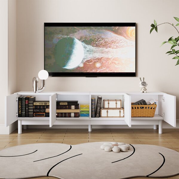 Elegant TV Cabinet with Curved Doors, Adjustable Shelves and Solid Wood Legs, TV Stand for Living Rooms, 169L x 34W x 45.5H cm, White Aosom UK