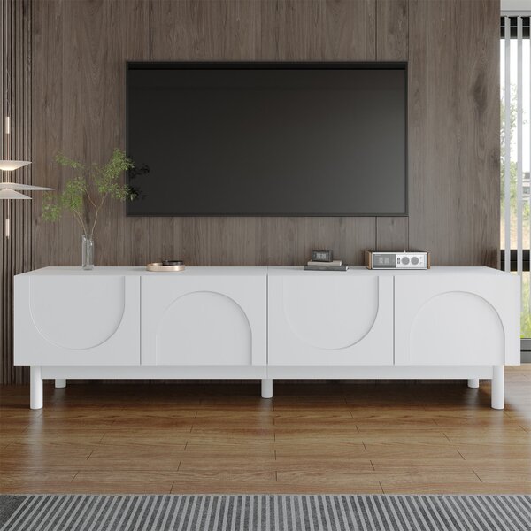 Elegant TV Cabinet with Curved Doors, Adjustable Shelves and Solid Wood Legs, TV Stand for Living Rooms, 169L x 34W x 45.5H cm, White Aosom UK