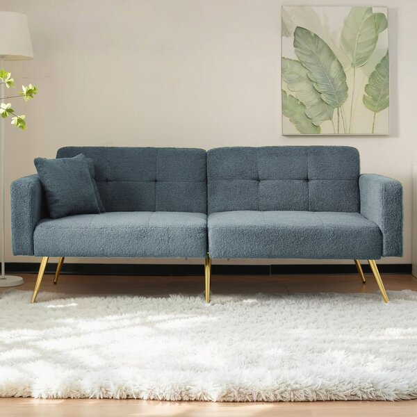 Convertible Sofa Bed with Adjustable Backrest, Sherpa Fabric and Gold Legs, Sleeper Sofa for Compact Rooms, 176L x 64W x 75H cm, Blue Aosom UK