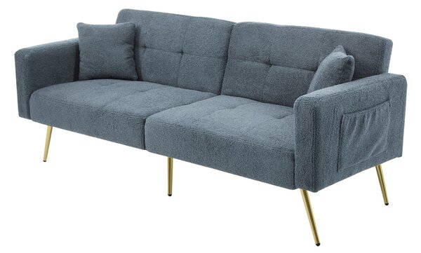 Convertible Sofa Bed with Adjustable Backrest, Sherpa Fabric and Gold Legs, Sleeper Sofa for Compact Rooms, 176L x 64W x 75H cm, Blue Aosom UK