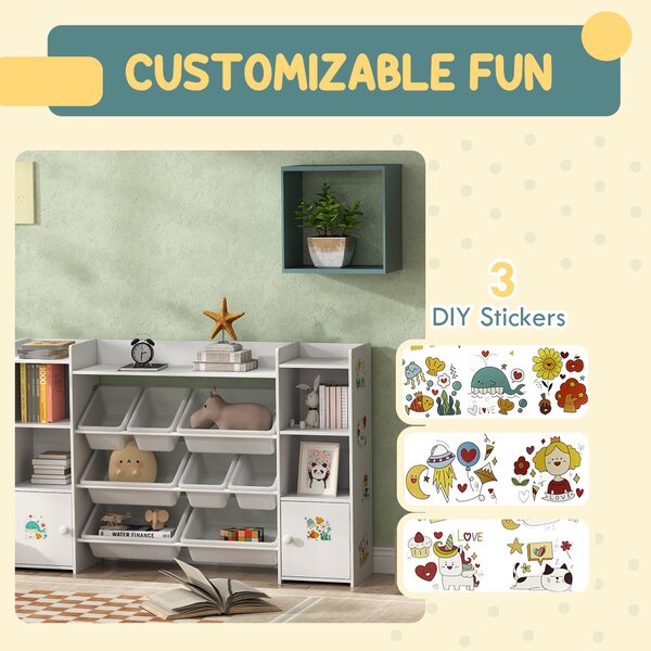 AIYAPLAY Kids Toy Organizers and Storage with 8 Removable Storage Bins and Bookshelf, White